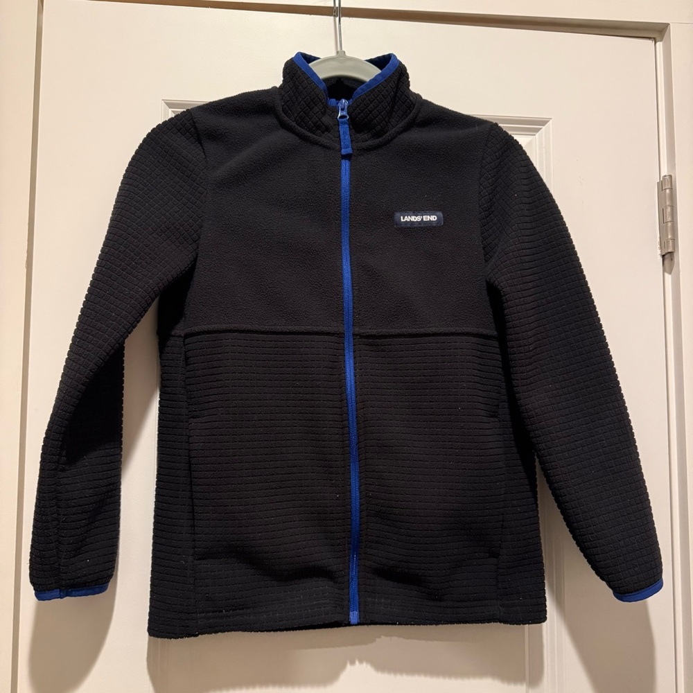 Lands' End Fleece Jacket Youth L Black Long Sleeve Mock Neck Patch Logo Zip Up